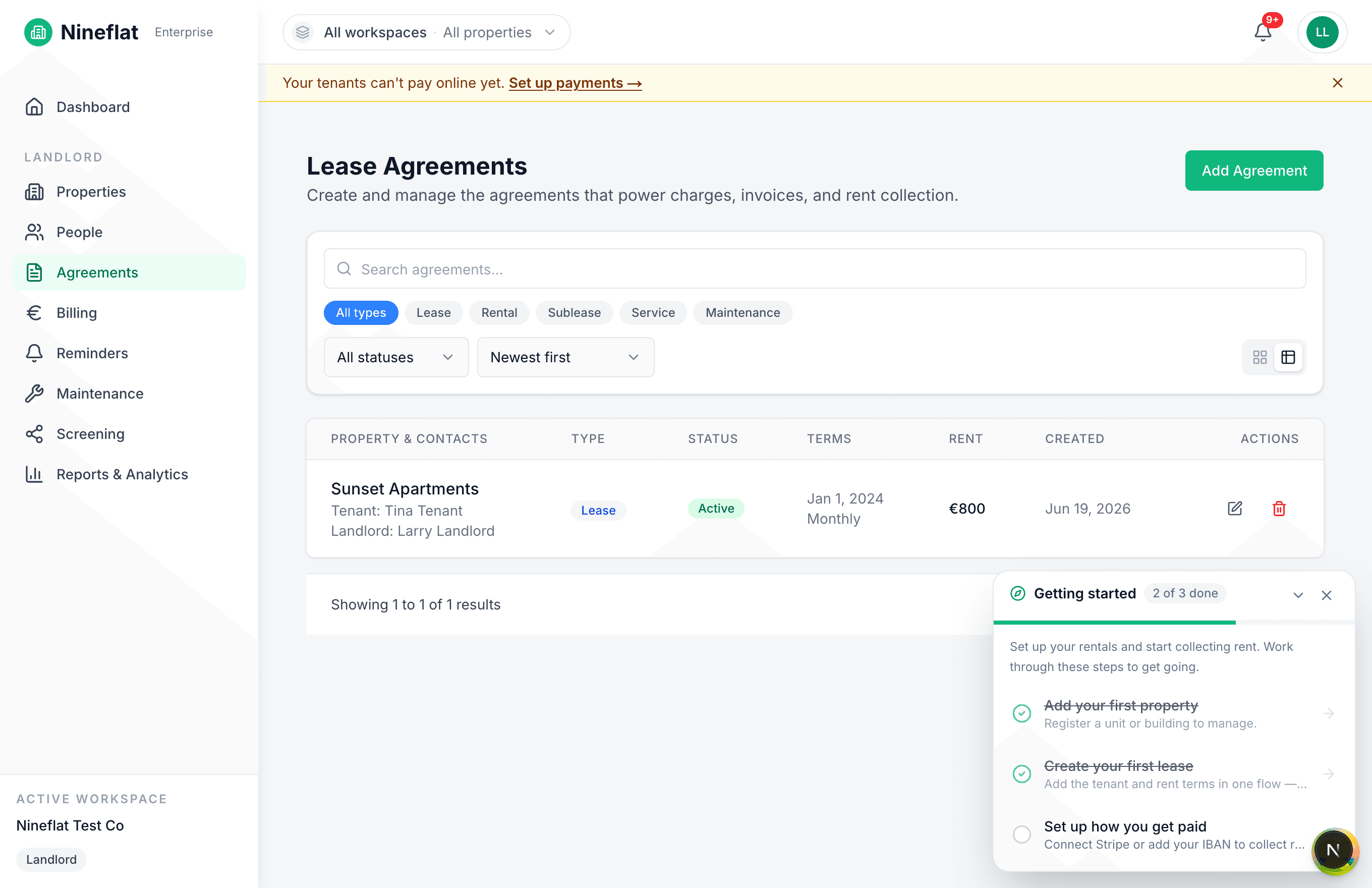 The Nineflat agreements list showing an active lease with rent amount, term, and status