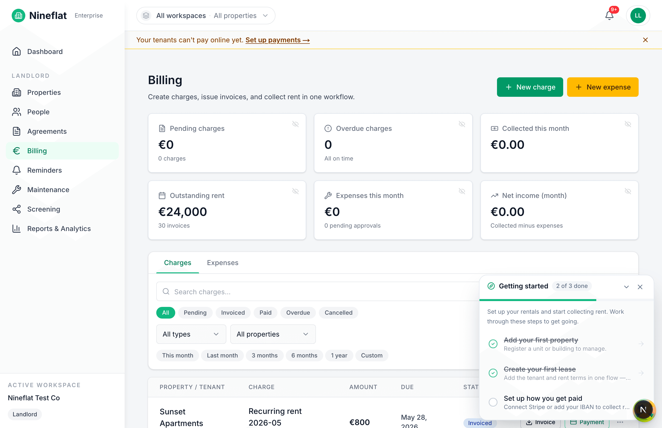 The Nineflat billing dashboard showing recurring rent charges and collection status