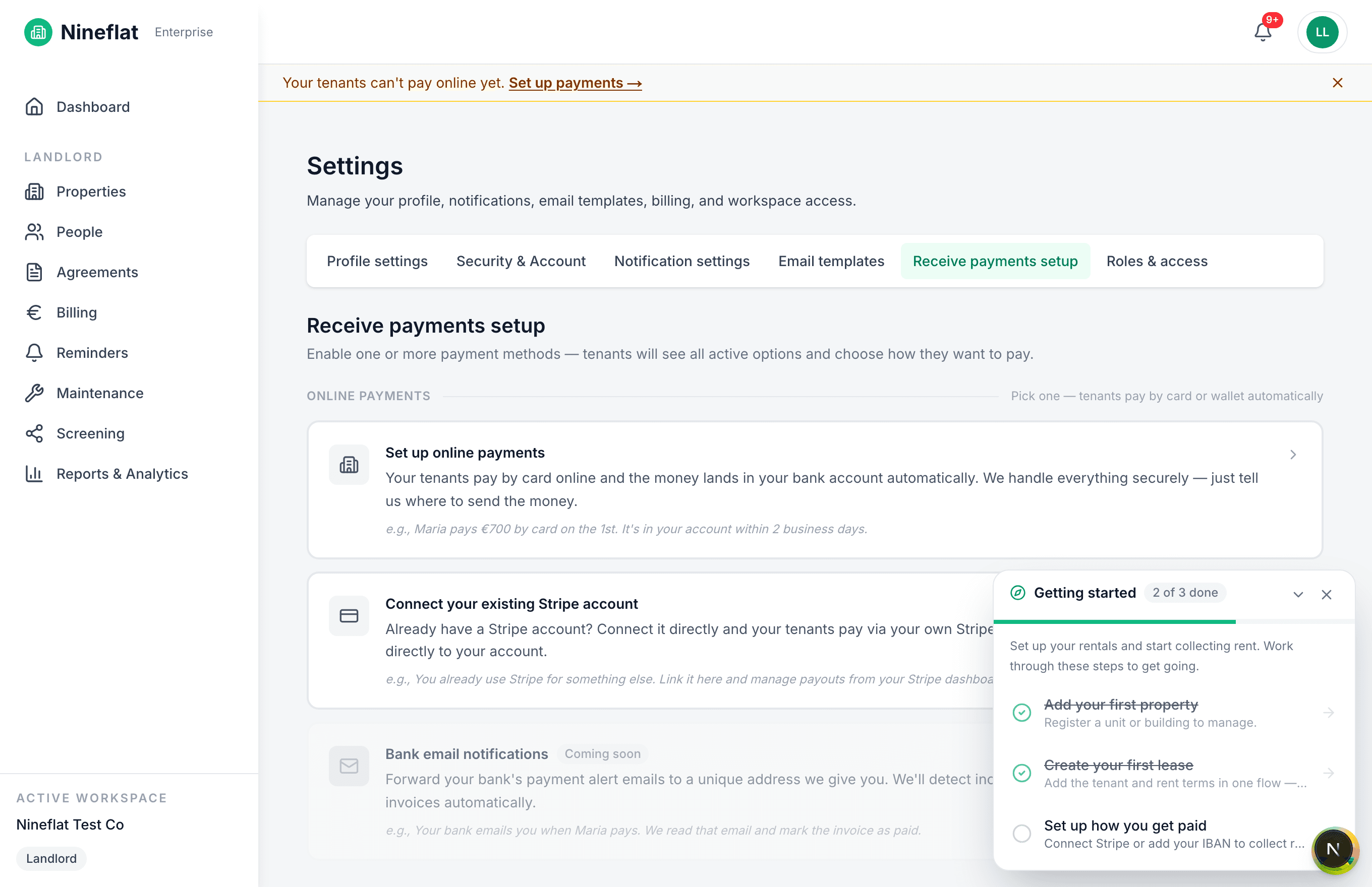Receive payments setup in Nineflat — online card payments, Stripe Connect, and bank transfer