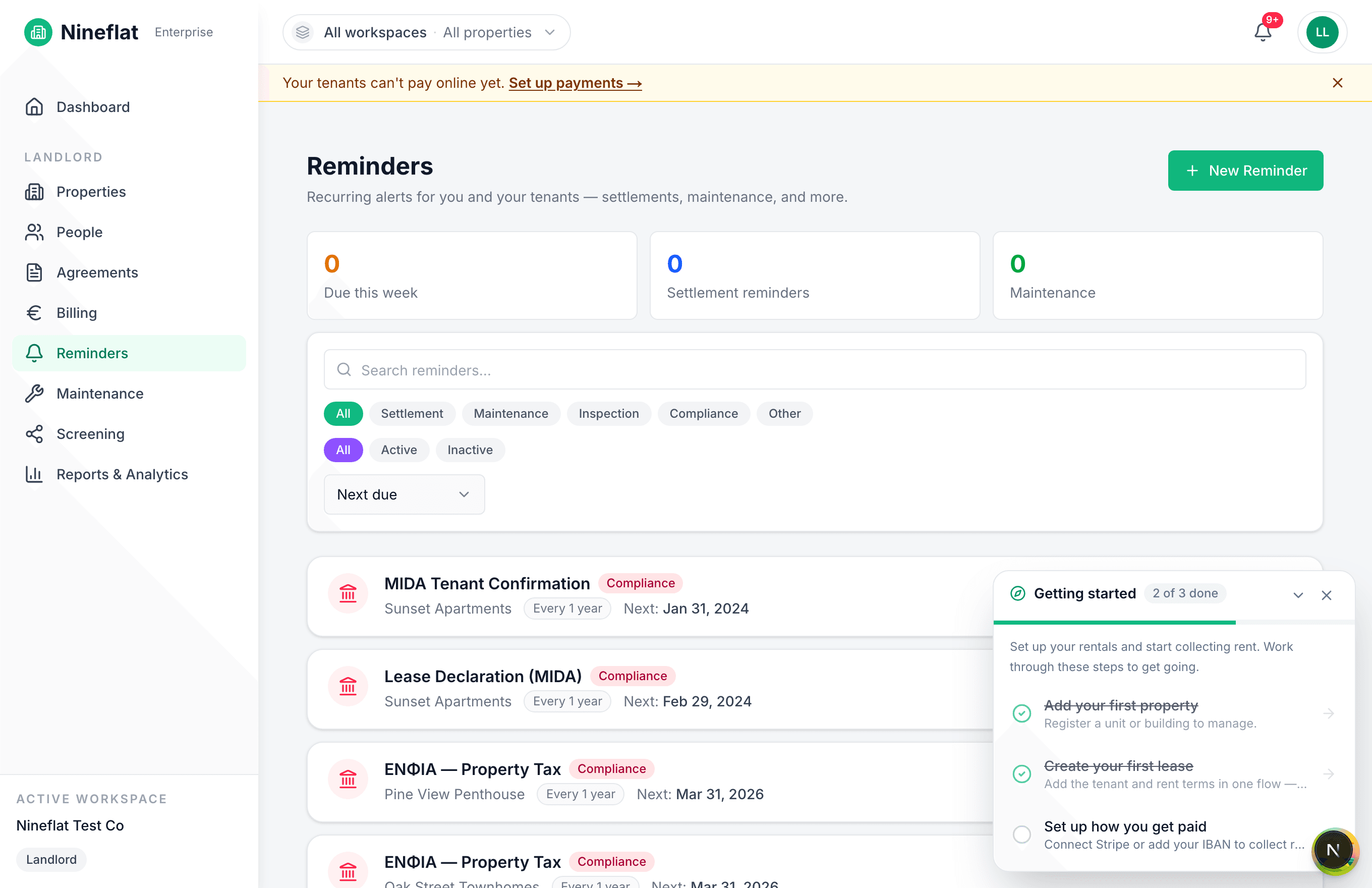 The Nineflat reminders screen with compliance deadlines like ΕΝΦΙΑ and ΜΙΔΑ scheduled per property